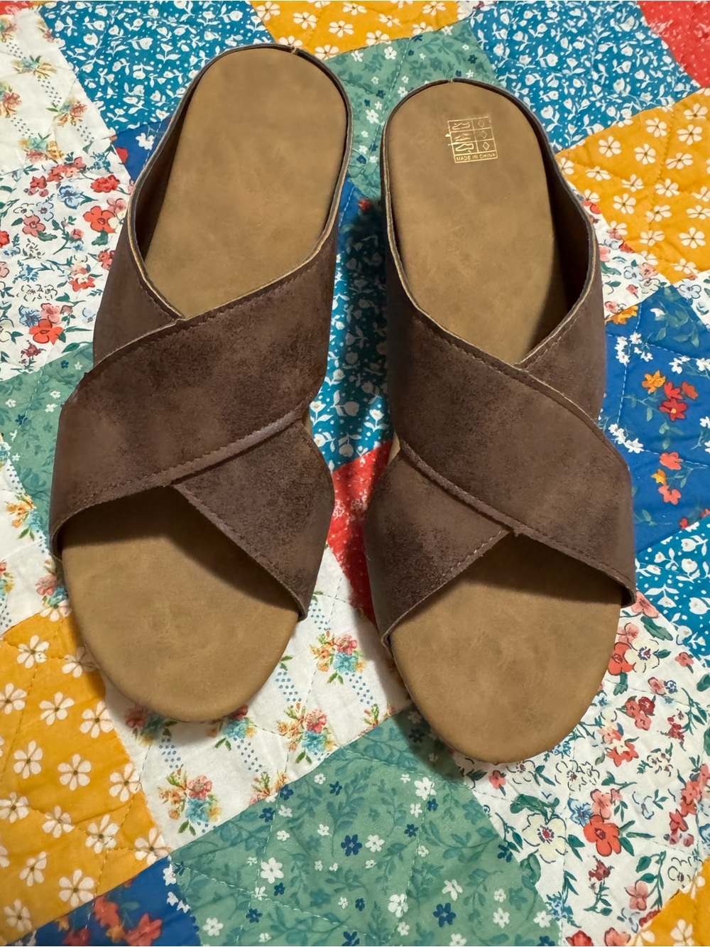 Women's Brown Suede Cross-Band Slide Sandals